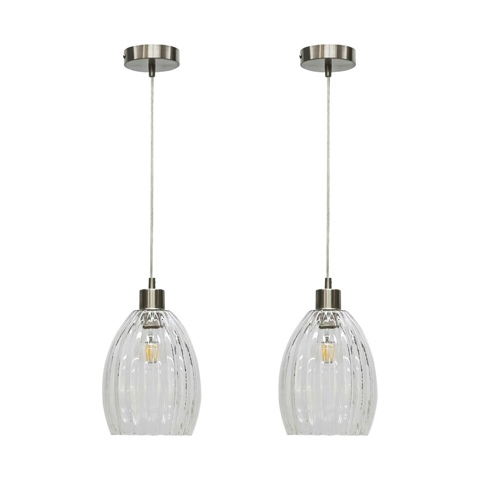 image 1 of First Choice Lighting Set of 2 Birch Clear Fluted Glass with Satin Nickel Pendant Fittings Silver | Clear