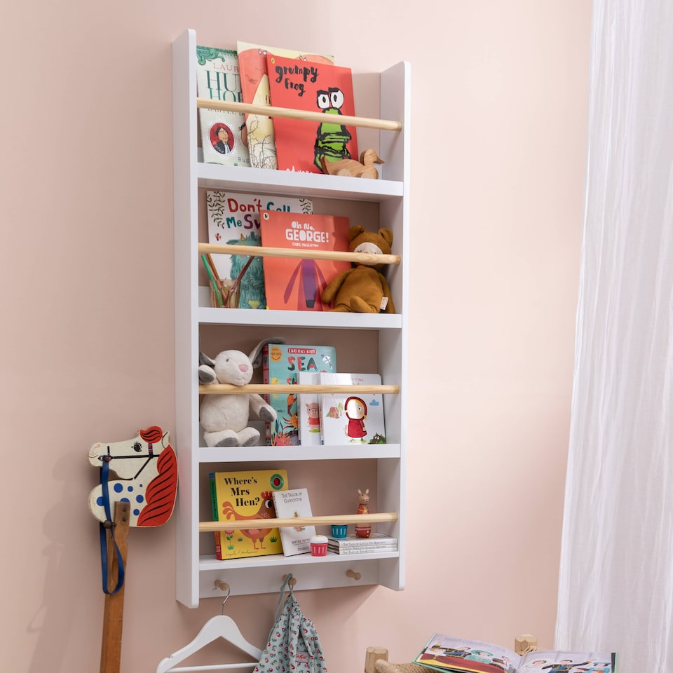 image 1 of Elene Kids Bookshelf Display 3 Tier with Coathook in White and Natural Pine