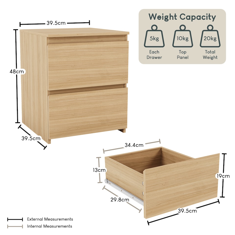 image 1 of Vida Designs Denver 2 Drawer Large Bedside Chest Cabinet Table Nightstand, Pine
