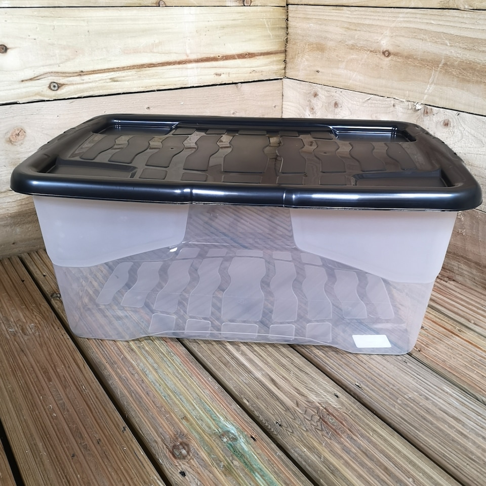image 1 of 6 x 42L Clear Storage Box with Black Lid, Stackable and Nestable Design Storage Solution