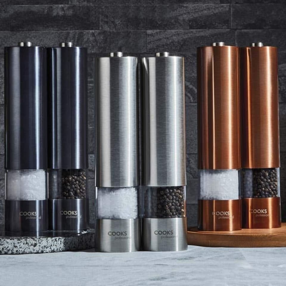 image 1 of Cooks Professional Electric Salt & Pepper Mill Set | Adjustable Grind Settings | Simple One-Button Operation | Stainless Steel