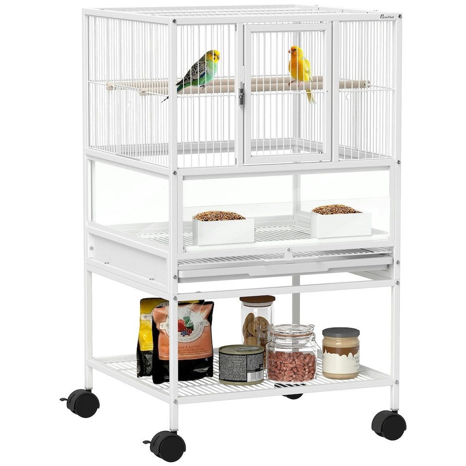image 1 of PawHut Bird Cage Parrot Cage with Rolling Stand Acrylic Viewing Panels White