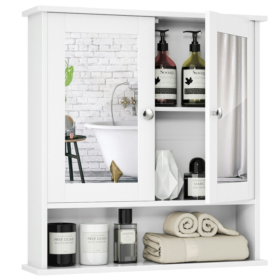 image 1 of COSTWAY Wall Mounted Bathroom Mirror Cabinet Storage White White