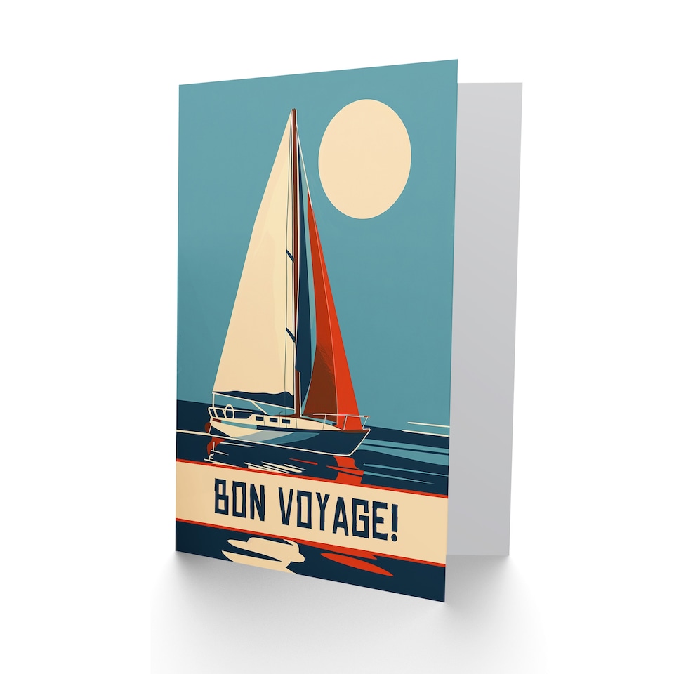 image 1 of Bon Voyage Sail Boat Sailing Calm Sea Graphic Farewell Card