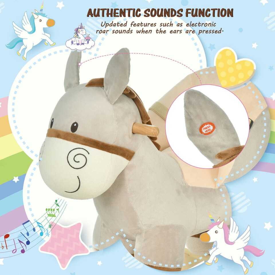 image 1 of HOMCOM Cute Kids Ride-On Rocking Donkey w/ Sound Handlebars Seat Belt Plush Body