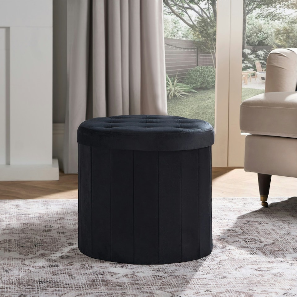 image 1 of OHS Matte Velvet Soft Round Foldable Footstool Seat Storage Organiser Ottoman | Green | Forest Green
