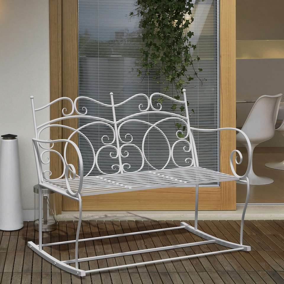 image 1 of Outsunny 2 Seater Metal Garden Bench Outdoor Rocking Chair Patio White