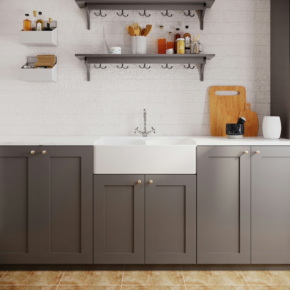 image 1 of 795mm - Fireclay Double Bowl Full Weir Butler Kitchen Sink -  Classic Tap  & Waste