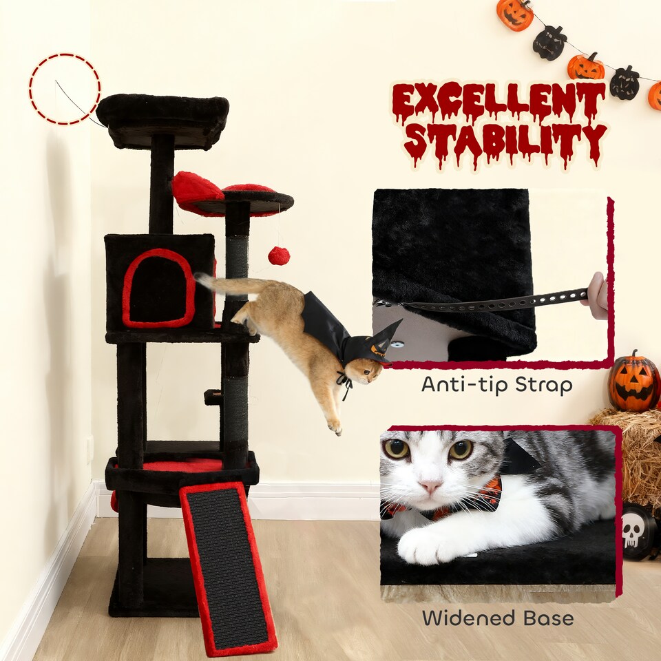 image 1 of PawHut 152cm Gothic Cat Tree for Halloween with Coffin Bed, Large Condo