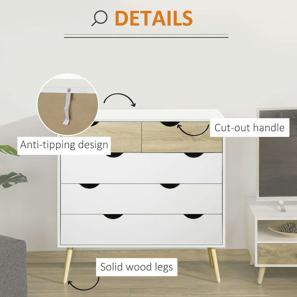 image 1 of HOMCOM Chest of Drawers, 5 Drawer Storage Cabinet Unit Bedroom Living Room