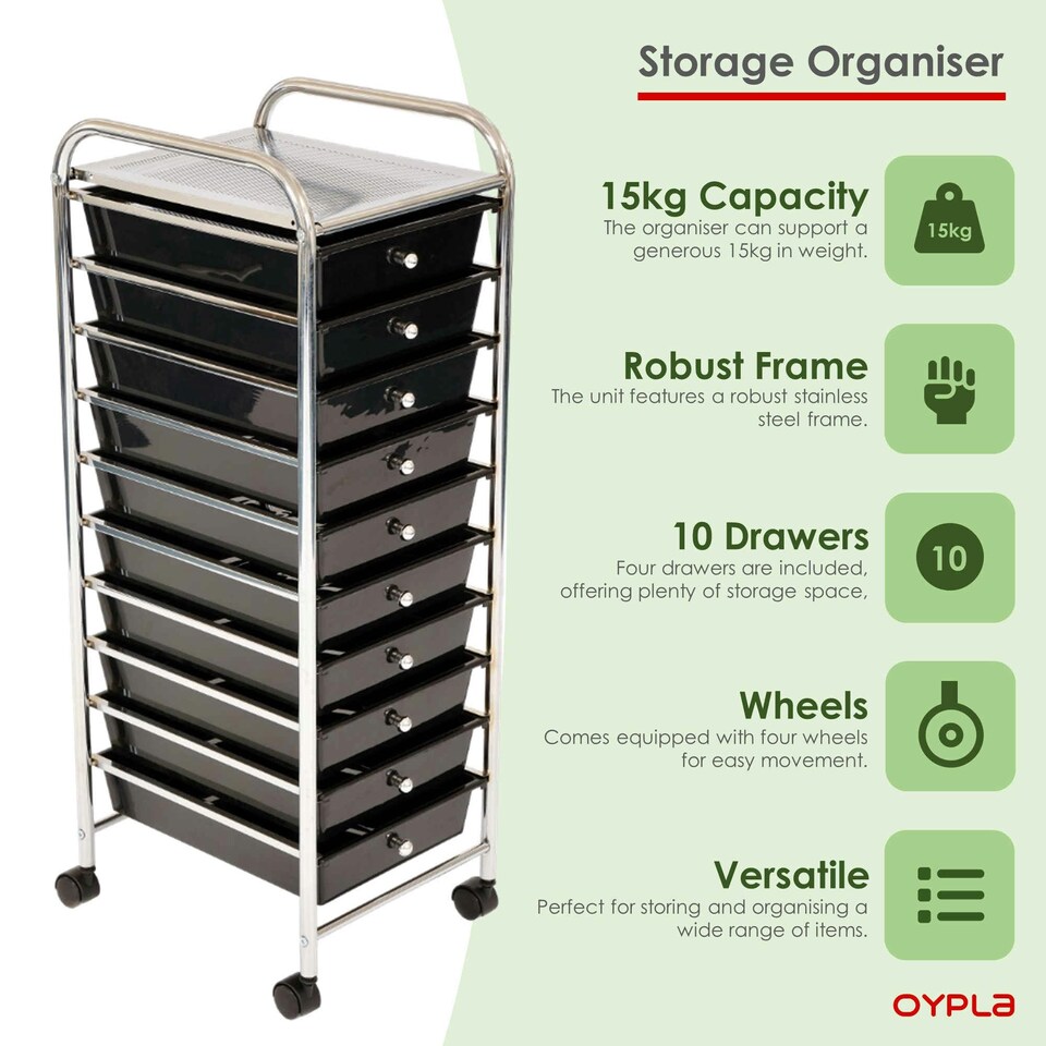 image 1 of Oypla 10 Drawer Storage Mobile Makeup Salon Trolley Portable Storage Organiser Black