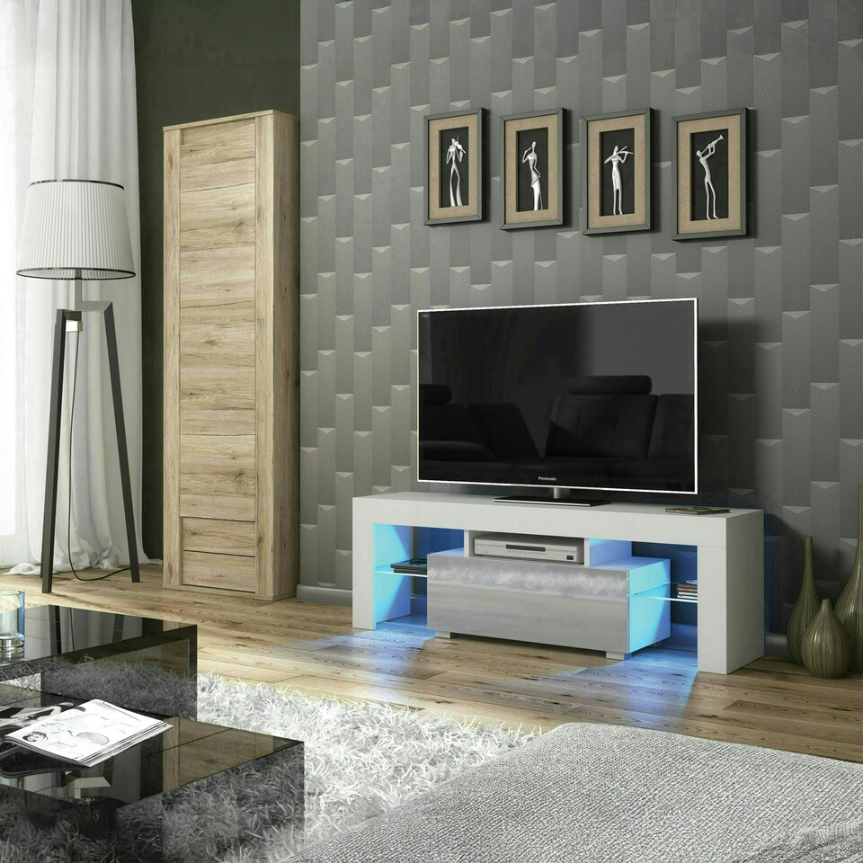 image 1 of TV Unit 130cm Grey Gloss Door White Matt Body with Glass Sides Free LED White | Grey