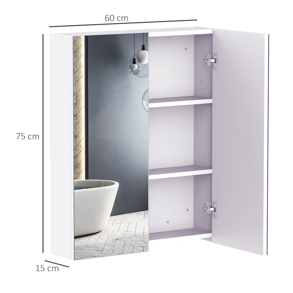 image 1 of HOMCOM Mirror Cabinet, Wall Mount Bathroom Storage Cabinet with Adjustable Shelf, Double Door Cupboard, 60 x 15 x 75 cm, White