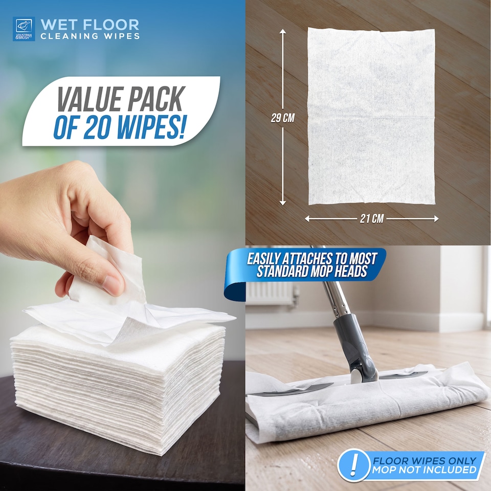 image 1 of Wet Floor Cleaning Wipes (Pack of 20) Wood & Tile Floor Streak-Free Wet Mop Cloths Compatible with Most Brands