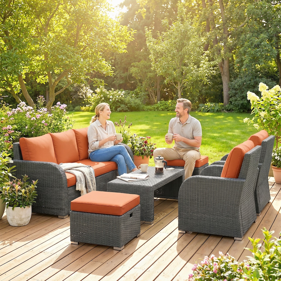 image 1 of Outsunny Rattan Garden Furniture Set with Recliners, Footstools, Orange