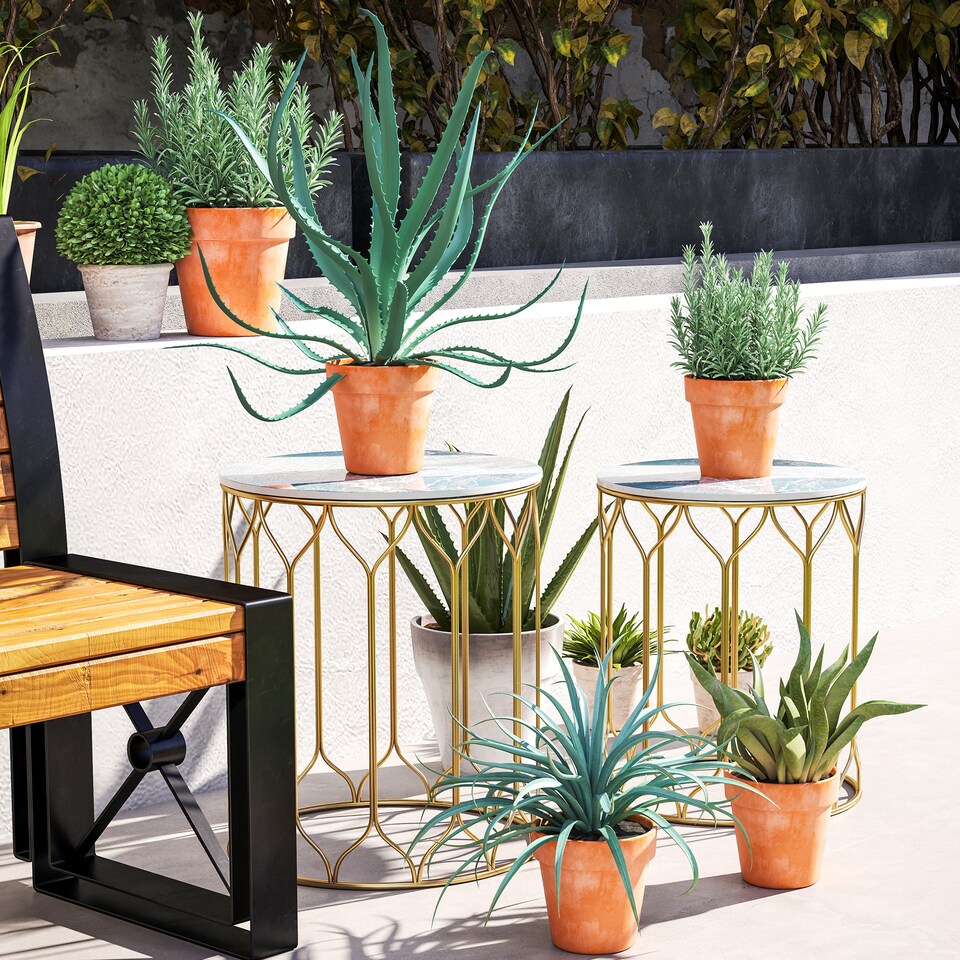 image 1 of Outsunny Round Coffee Table Set of 2, Modern Nesting Tables with Ceramic Tile Top, Small End Tables, Indoor Outdoor Side Table with Metal Frame for Living Room, Bedroom, Patio, Balcony, Multicoloured | Multi | Multicoloured