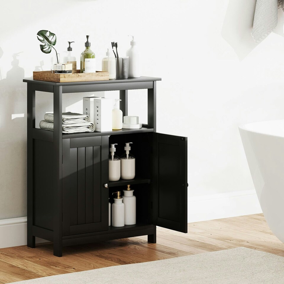 image 1 of COSTWAY Storage Organizer Bathroom Floor Cabinet Black Black