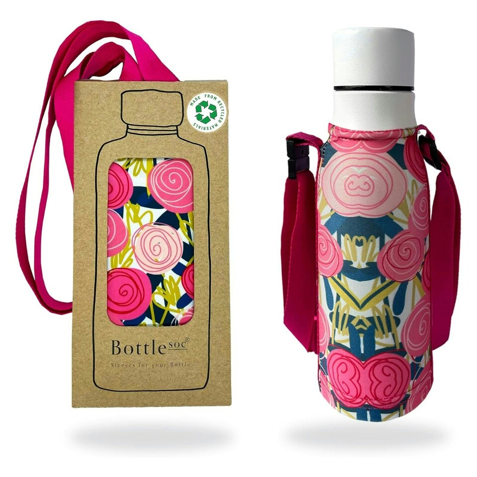 image 1 of Bottlesoc Bottle Carrier with Shoulder Strap Pink Roses Pink | Roses | ONE SIZE