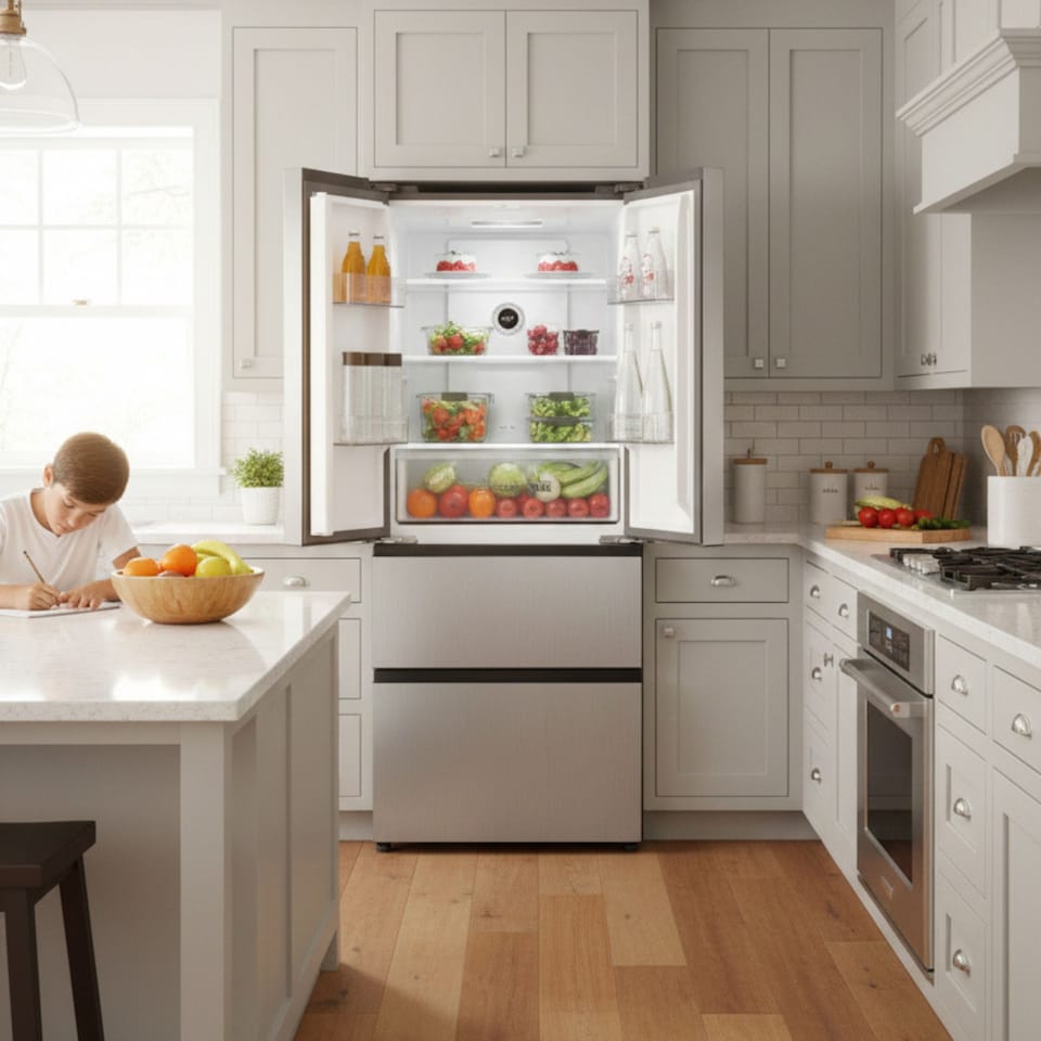 image 1 of HYE 403 Litre Frost Free French Door American Fridge Freezer, 70cm, Silver - RF01AMFD403DS07