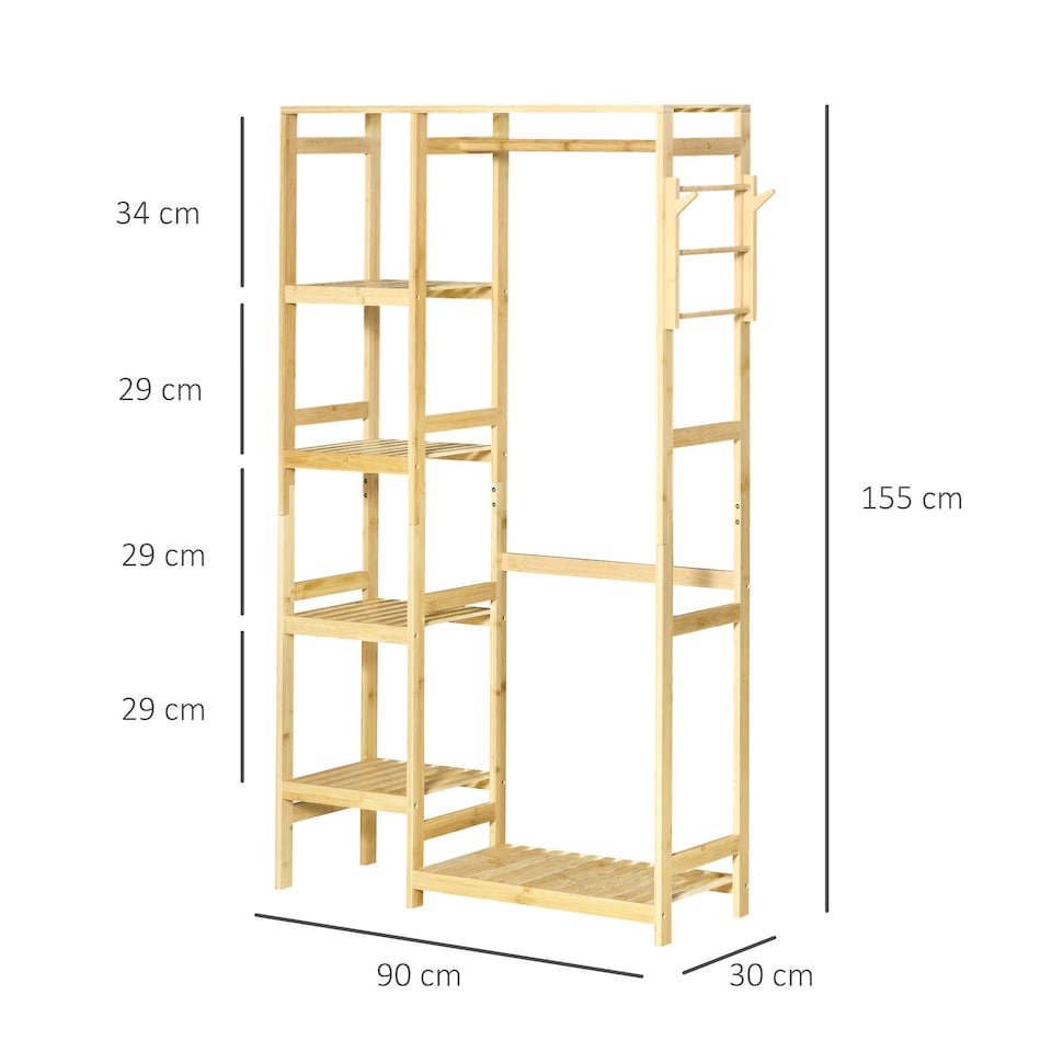 image 1 of HOMCOM Bamboo Garment Rack, Clothes Rack with Storage Shelf, Hanging Rail and Side Hooks for Entryway, Bedroom, Bathroom and Office, Natural