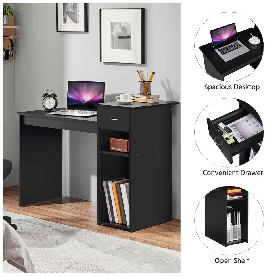 image 1 of Yaheetech Computer Desk Laptop Table w/Drawer & Shelves | Black