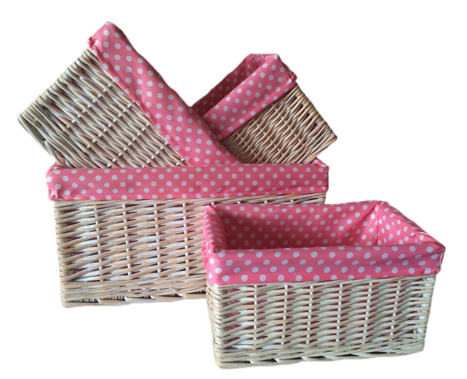 image 1 of Pink Spotty Lined Wicker Open Storage Basket Set of 4 | Pink | Pink | Not provided