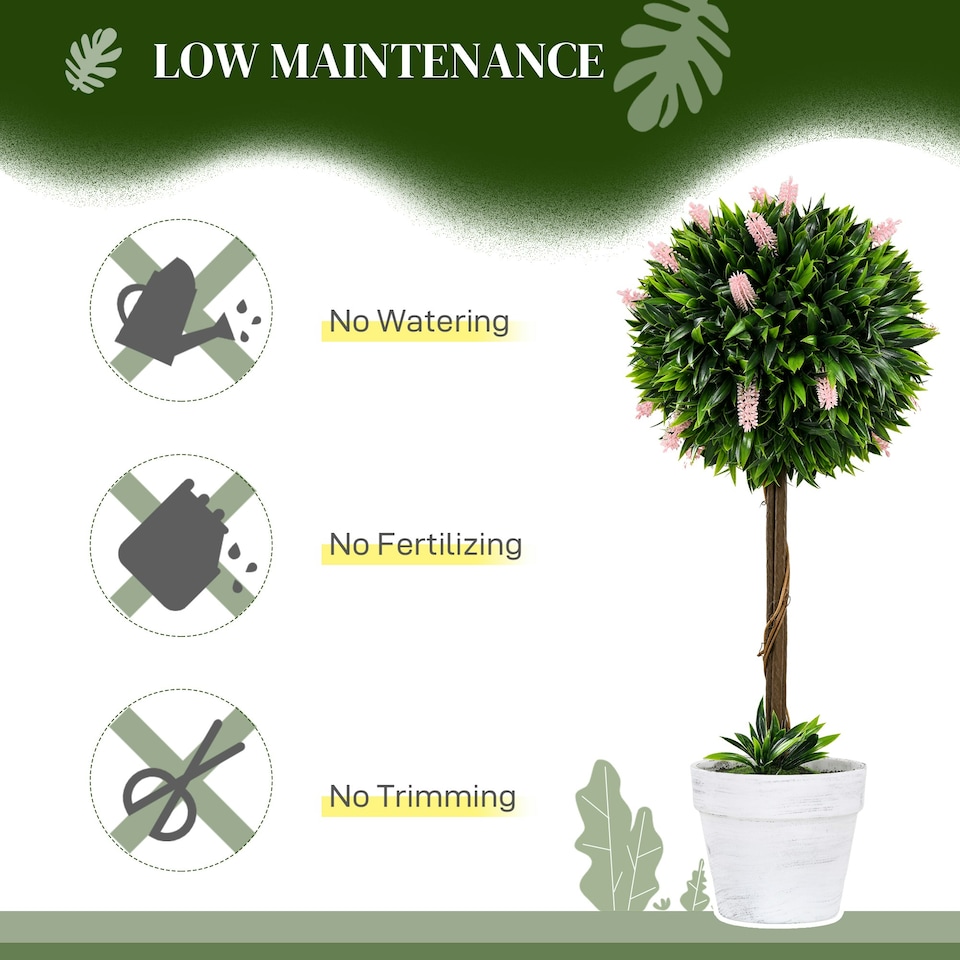 image 1 of HOMCOM Set of 2 Potted Artificial Plants Ball Tree with Flowers, Pink