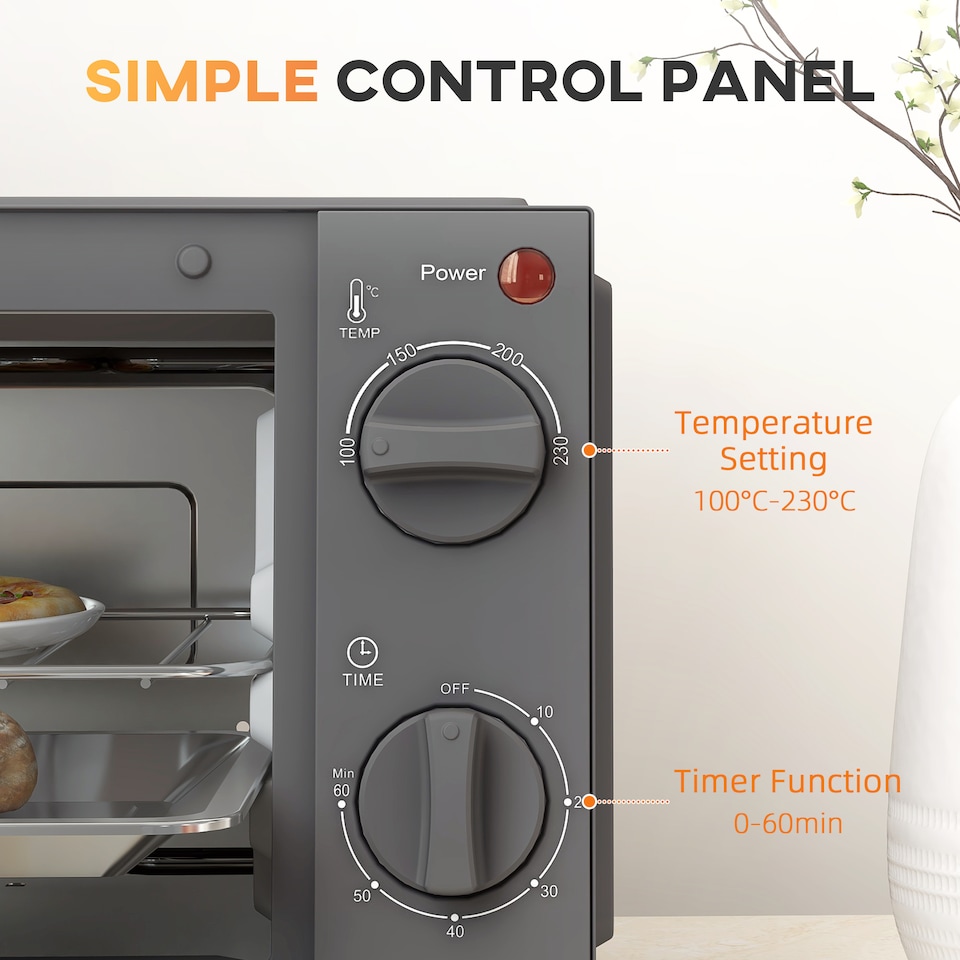 image 1 of HOMCOM Mini Oven, 9L Countertop Electric Grill, Toaster Oven with Adjustable Temperature, Timer, Dishwasher Safe Baking Tray and Wire Rack, 750W, Grey