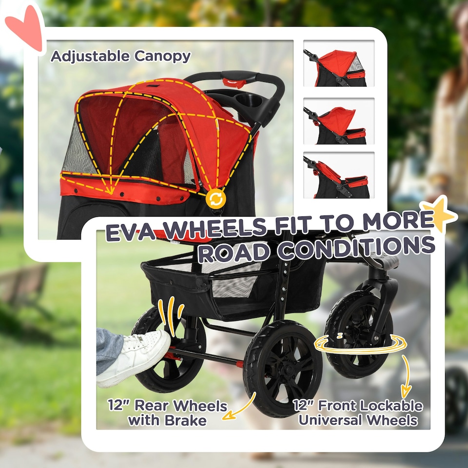image 1 of PawHut Folding 3 Wheel Pet Stroller Travel Adjustable Canopy Storage Brake Red