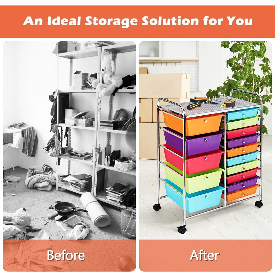 image 1 of COSTWAY 15 Drawers Storage Trolley Rolling Utility Cart Multi-color