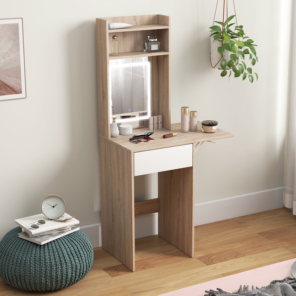 image 1 of HOMCOM Compact Dressing Table with Lighted Mirror Open Shelves Drawer | Brown
