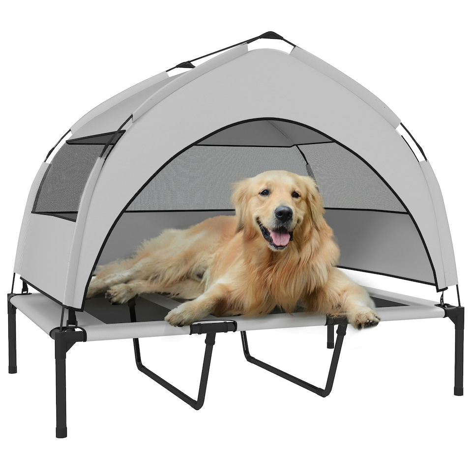 image 1 of PawHut Portable Elevated Dog Bed with Removable Canopy Grey | L