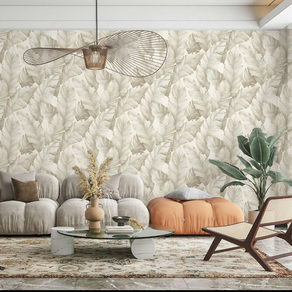 image 1 of Limetree Kew Tropical Leaves Vinyl Textured Wallpaper - Beige - 10m x 0.5m Brown
