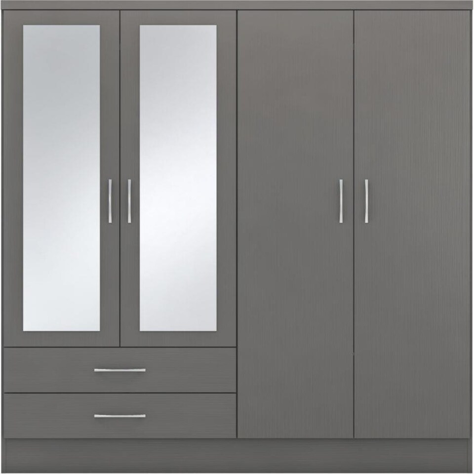 image 1 of Nevada 4 Door 2 Drawer Mirrored Wardrobe Grey | 3D Effect Grey