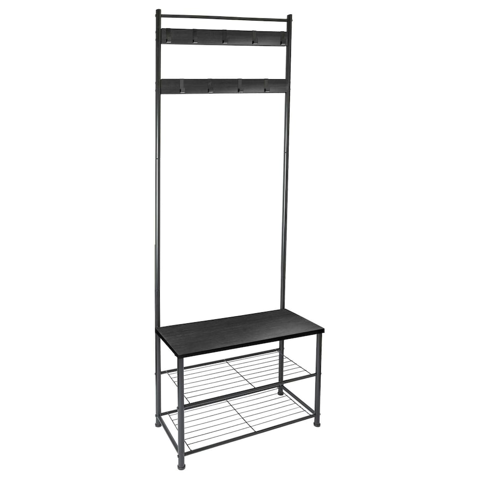 image 1 of Harbour Housewares Square Steel Coat Rack with Shoe Storage Bench - Coat Rack Coat Stand Hat Stand Clothing Rail Hooks S