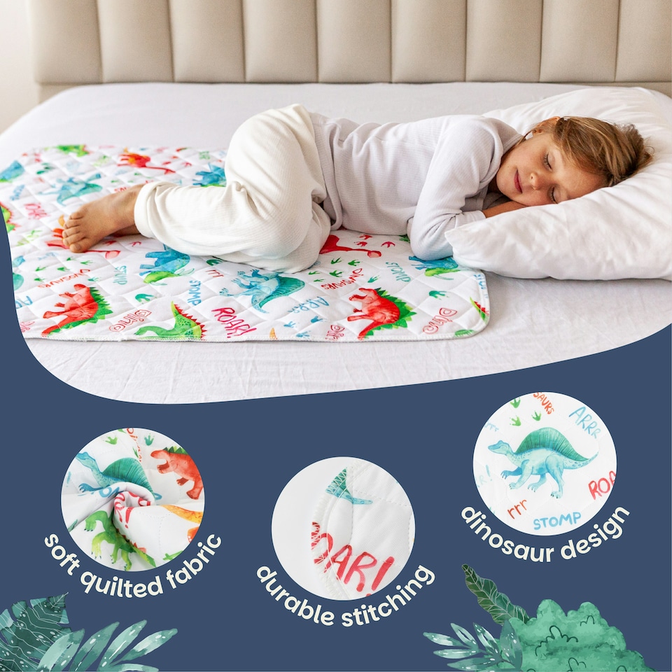 image 1 of Toddler Potty Training Bed Pads - Non-Slip - Soft Waterproof Bedwetting Pee Protector Mat for Kids - Multi-Layer, Washable, Absorbs Up to 2000ml - 90 x 85cm White | Dinosaur | Single