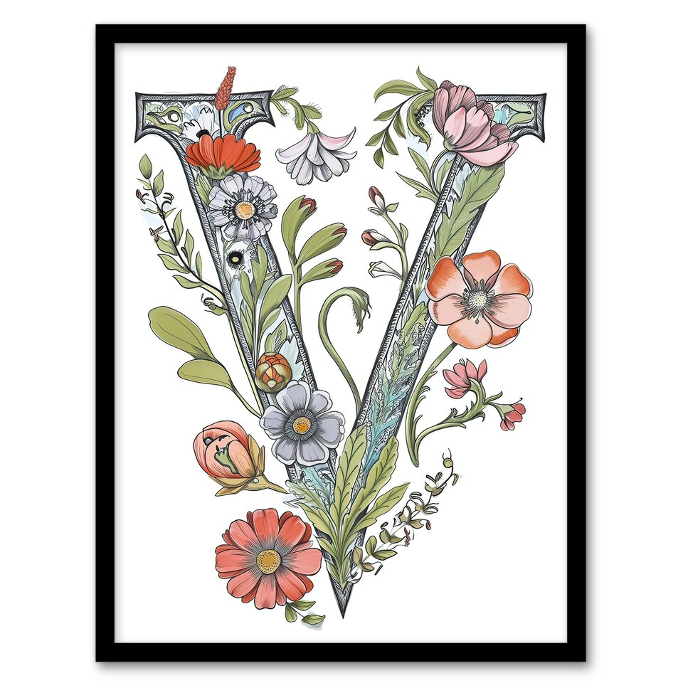 image 1 of Letter V Wildflowers Elegant Birthday Gift Mum Black Framed Wall Art Print A4