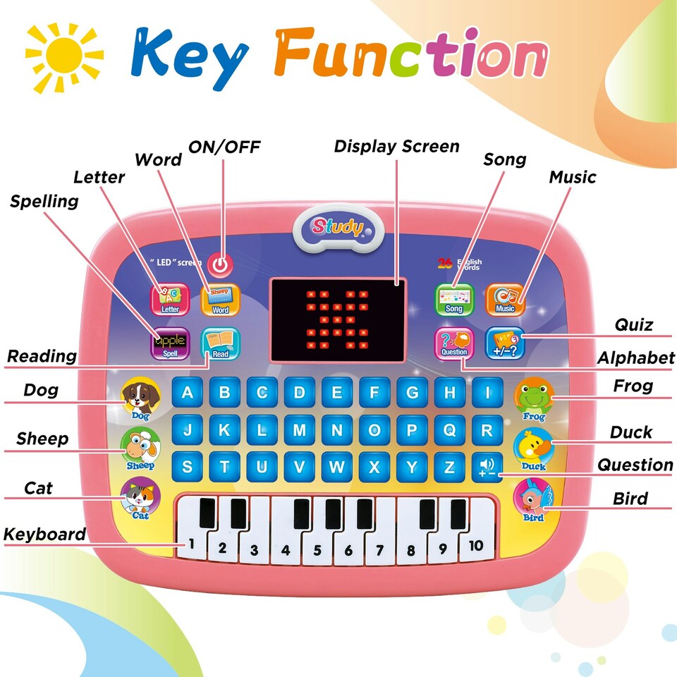 image 1 of Toddler Learning Tablet – Multi-Function Educational Musical Touch Pad with LED Screen, Piano, Animal Sounds, Numbers, Letters, and Quiz Modes for Kids (Pink)
