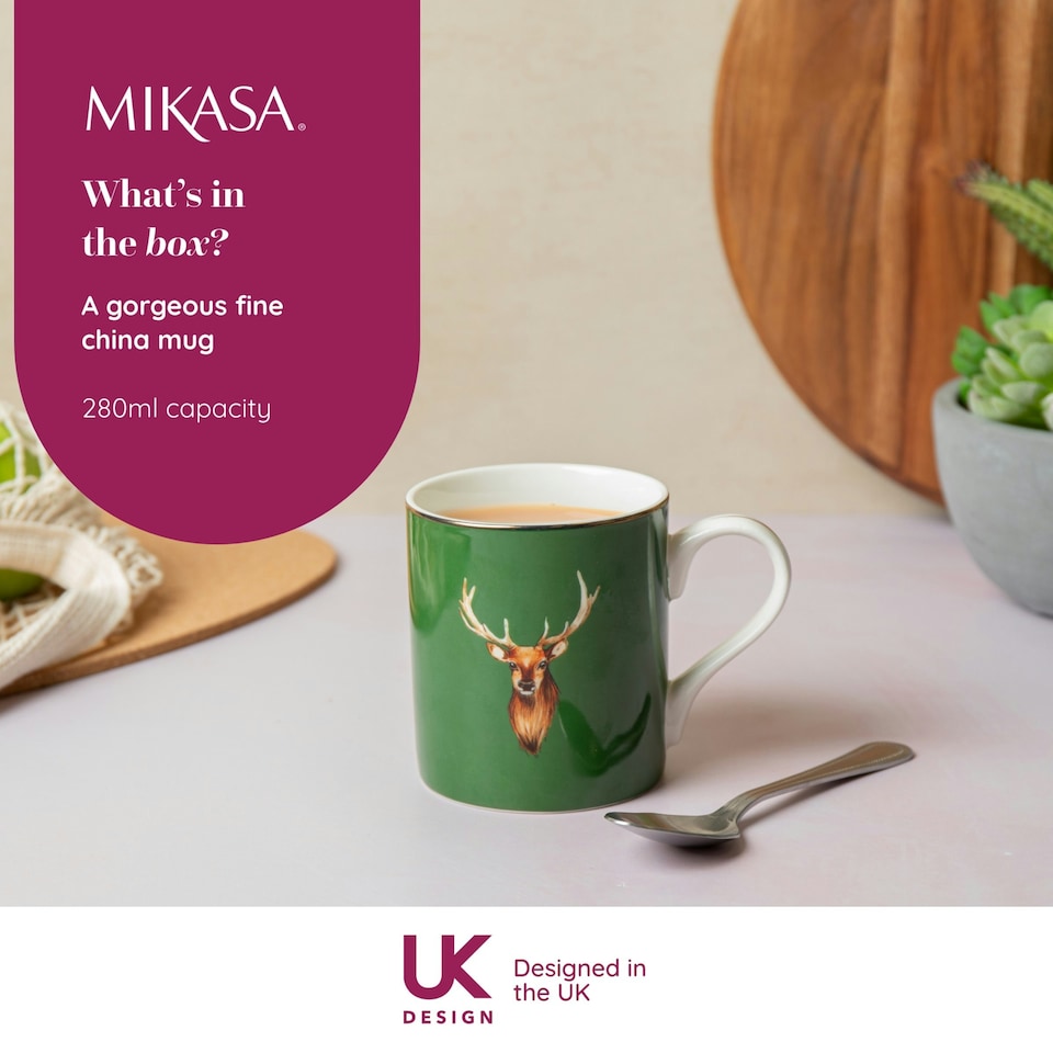 image 1 of Mikasa Stag Print Porcelain Mug, 280ml | Green