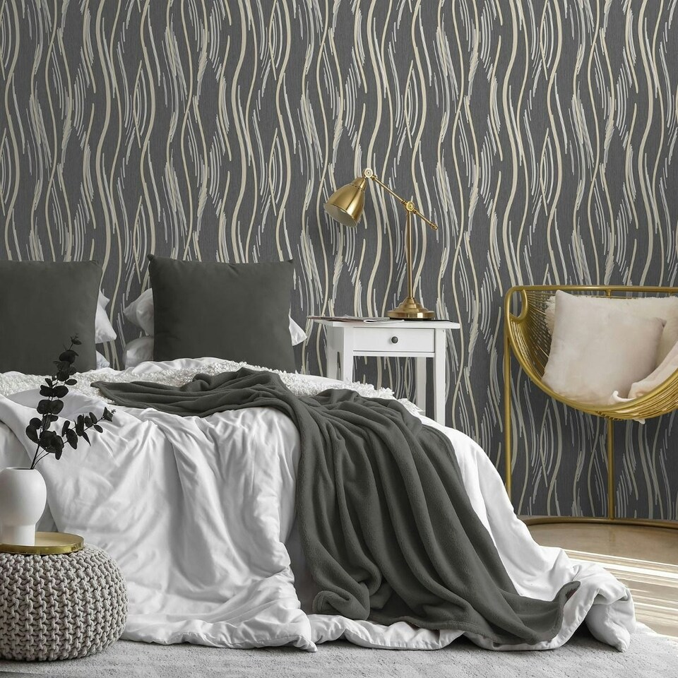 image 1 of World Of Wallpaper Shimmer Wave Textured Wallpaper - Black/Gold - 10m x 53cm Black