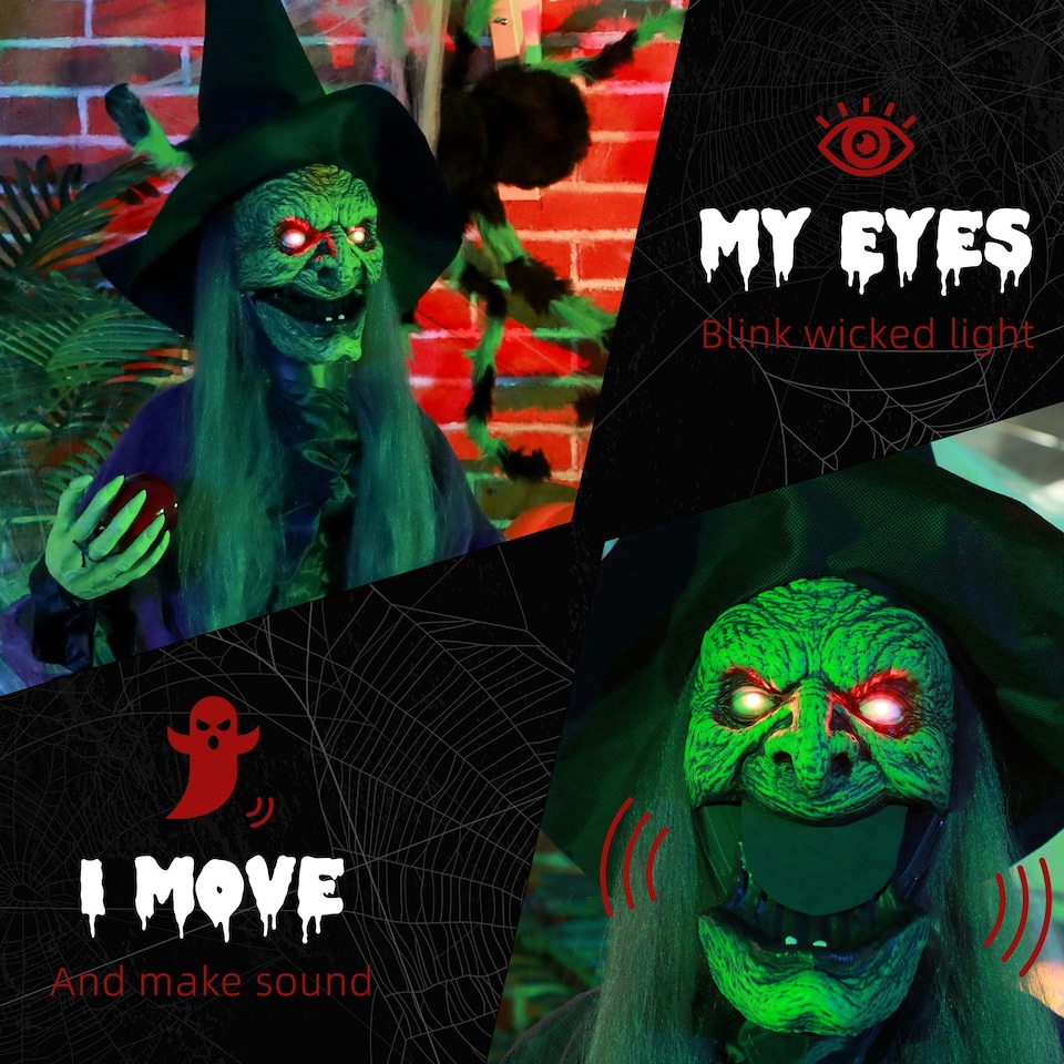 image 1 of HOMCOM Voice Activated Halloween Animatronics Witch, Battery Operated