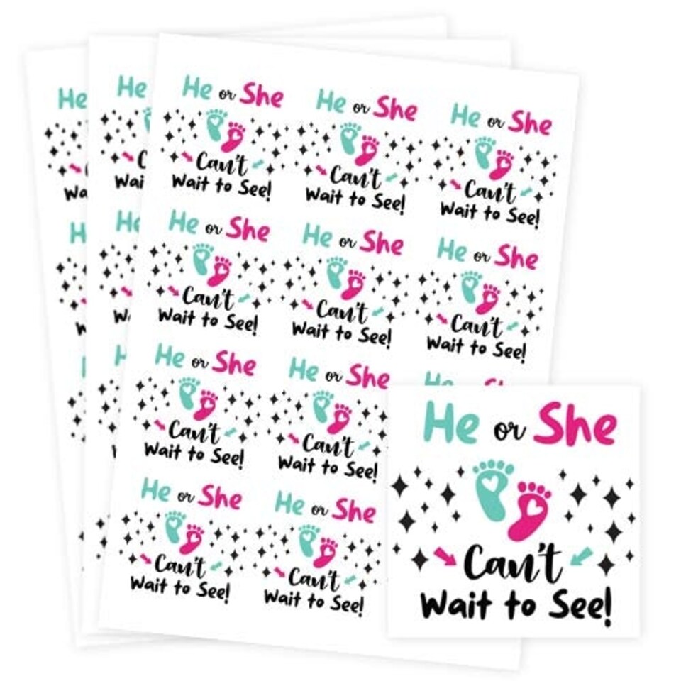 image 1 of Can't Wait to See Gender Reveal Square Stickers 65mm - Sheet of 12