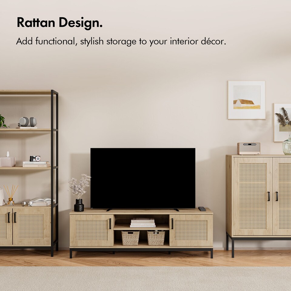 image 1 of Vonhaus Lena Rattan Effect TV Stand with 2 Open Shelves for Living Room