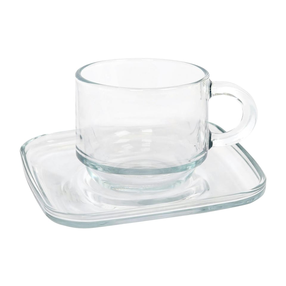 image 1 of LAV Cozy Stacking Glass Espresso Cups & Saucers 12pc Set - 90ml Clear