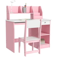 ZONEKIZ Kids Desk and Chair Set with Storage for 5-8 Years Pink
