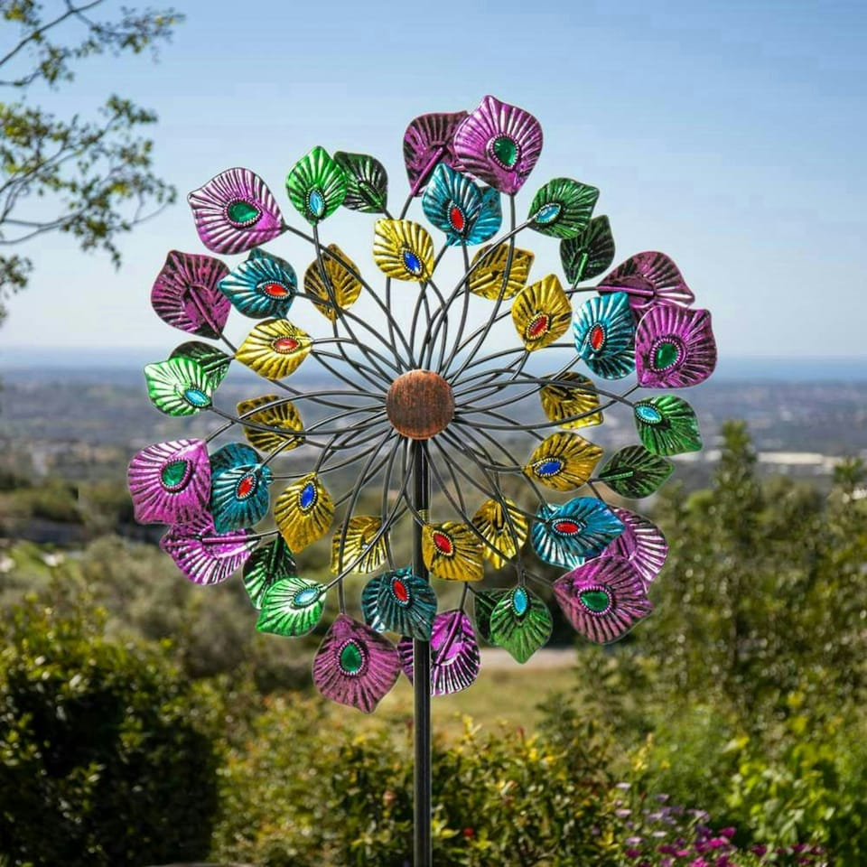 image 1 of Primrose Peacock Feather Wind Spinner with Multicolour Gemstones 36cm