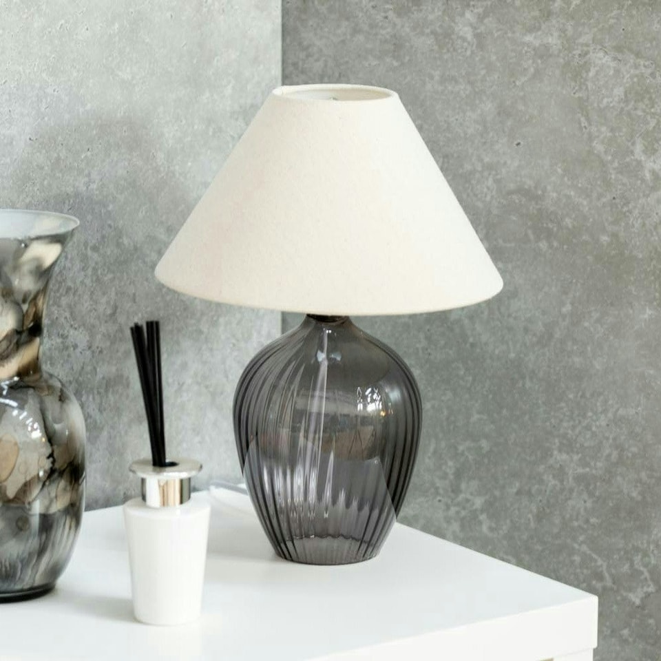 image 1 of ValueLights Olivet Pair of Grey Glass Table Lamps with Fabric Tapered Lampshade Bedside Light - Bulbs Included