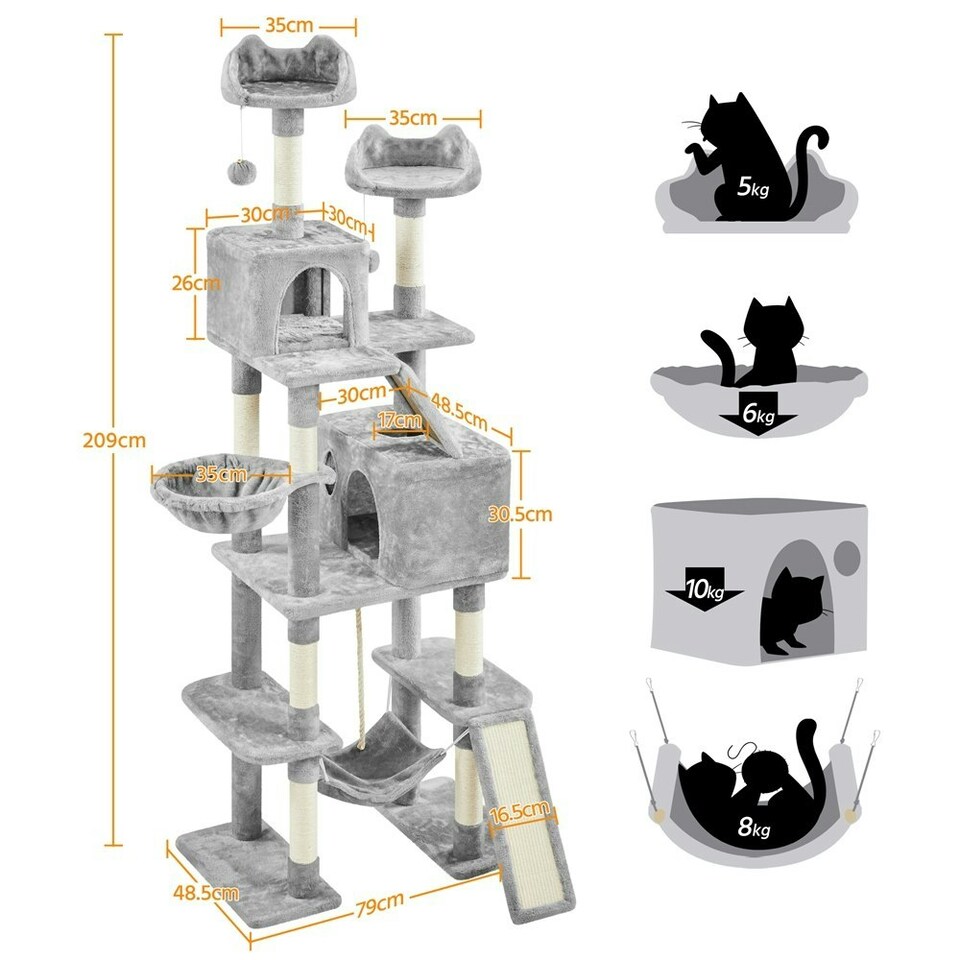 image 1 of Yaheetech 209 cm Large Cat Tower with 2 Cozy Condos Light Grey