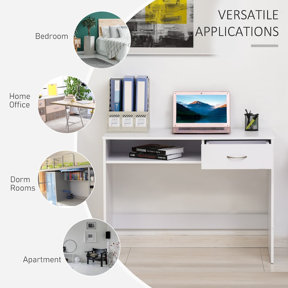 image 1 of HOMCOM Compact Computer Desk, Study Table with Drawer and Storage Compartment, Writing Workstation, White