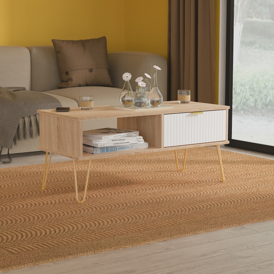 image 1 of Bexley 1 Drawer Coffee Table in White Matt & Bardolino Oak (Ready Assembled) | White | White Matt & Bardolino Oak